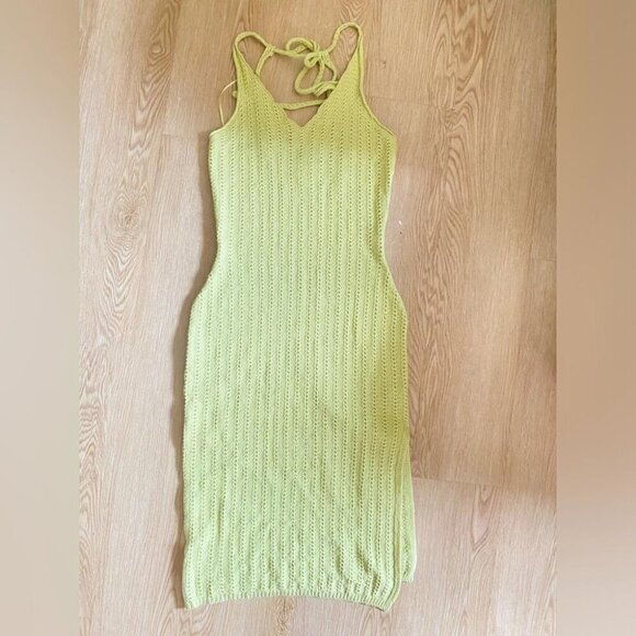 Y2K Crochet Midi Dress Lime Green Halter Open Knit Summer - Picture 6 of 14